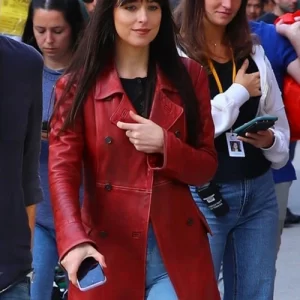 dakota johnson madame web red leather coat