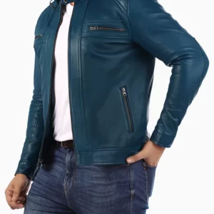 Men's Padded Style Blue Leather Jacket