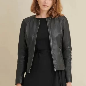 Black Zipper Leather Jacket For Women