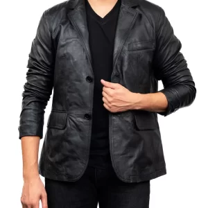 Men Black Button Style Leather Blazer Jacket