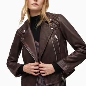 Women's Biker Padded Coffee Brown Leather Jacket